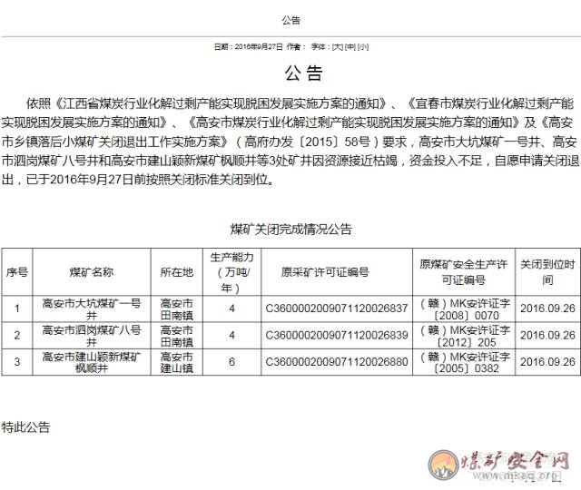 高安市3處煤礦礦井自愿申請關閉